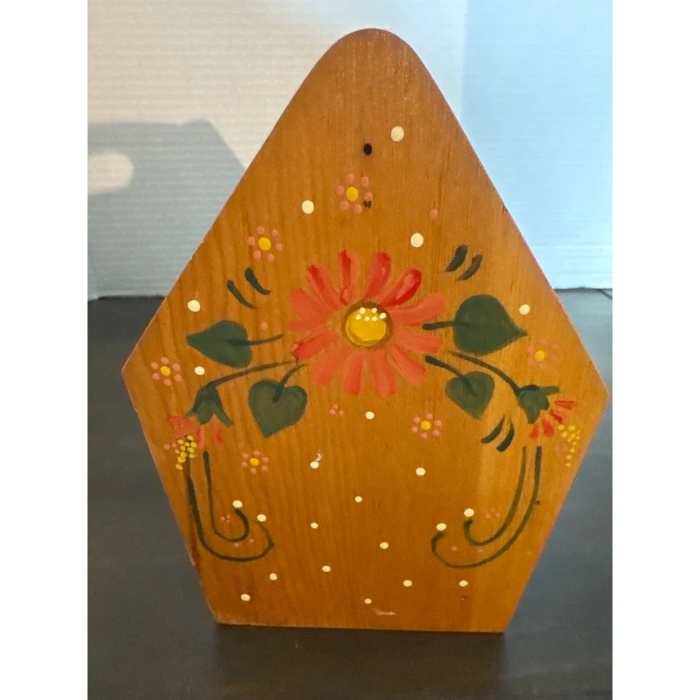 Vintage Hand Painted Wooden Floral Caddy Folk Art Mail Sorter Napkin Holder Pink